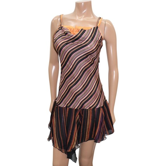 AXARA PARIS Striped Cowl Neck Flirty Mini Dress Handkerchief Hem Lace Detail M - Picture 1 of 6